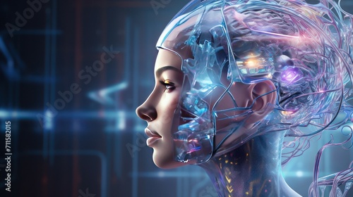 Illustration of a modern artificial intelligence humanoid cyborg woman of the future, with a head using robotic cables.