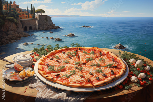Pizza mit Meeresfrüchten, frische Steinofenpizza, Restaurant am Meer mit Blick auf die Küste