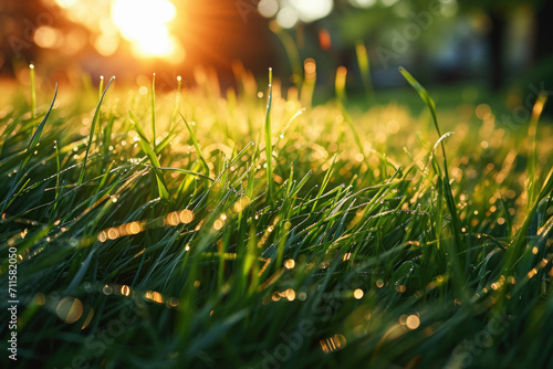 Juicy lush green grass on meadow with drops of water dew sparkle in morning light, spring summer outdoors close-up, copy space, wide format.