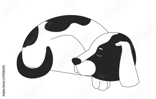 Sleeping dog beagle curled up black and white 2D line cartoon character. Sleepy puppy. Single animal pet isolated vector outline animal. Companion pet pedigreed monochromatic flat spot illustration