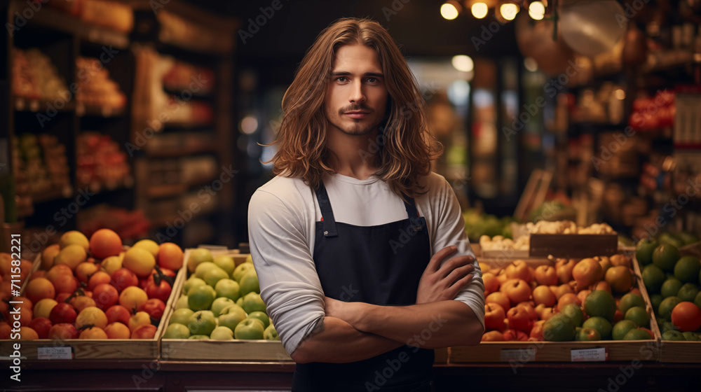 A young Caucasian merchant with long hair is smiling confidently at a fruit shop.