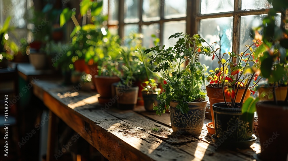Pots with vegetables or flowers on a wooden table in a greenhouse. Sunlight falls on the plants through the glass. Concept: growing crops in a closed space, farming.