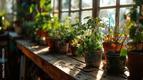 Pots with vegetables or flowers on a wooden table in a greenhouse. Sunlight falls on the plants through the glass. Concept  growing crops in a closed space  farming.