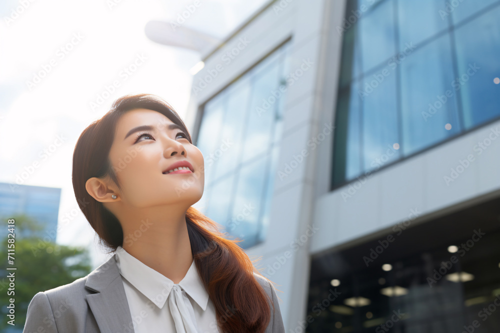 Happy young Asian business woman standing on street outside modern office building in the city. Portrait of professional businesswoman. Office worker looking up to the sky and smiling. Happy young Asian business woman standing on street outside modern office building in the city. Portrait of professional businesswoman. Office worker looking up to the sky and smiling.
