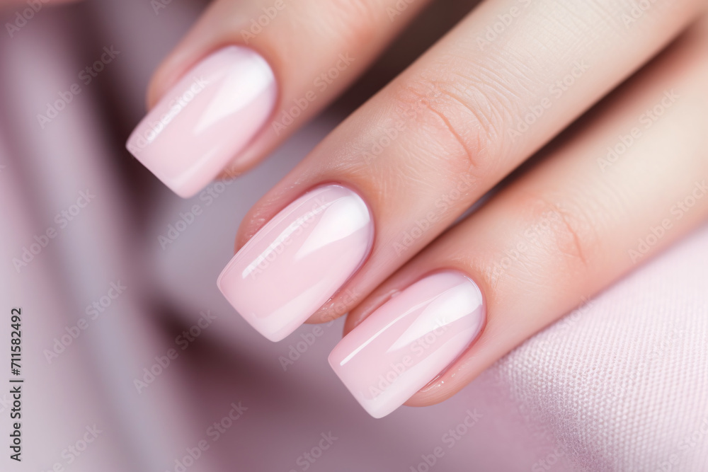 Glamour woman hand with light pink nail polish on her fingernails. Pink nail manicure with gel polish at luxury beauty salon. Nail art and design. Female hand model. French manicure. Glamour woman hand with light pink nail polish on her fingernails. Pink nail manicure with gel polish at luxury beauty salon. Nail art and design. Female hand model. French manicure.