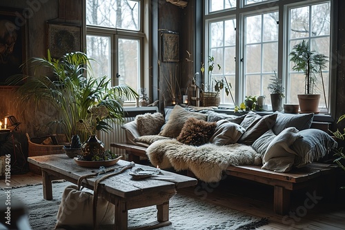 The Nordic living room features rustic elements such as a sheepskin rug placed on a bench next to the sofa, accompanied by fur cushions. The overall setup creates a warm and inviting atmosphere