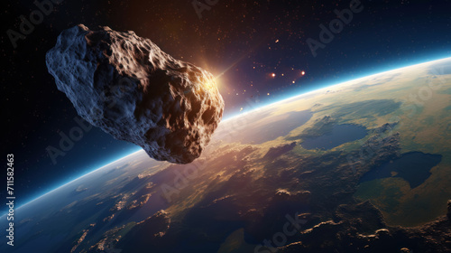 A scientific concept of an image of an asteroid flying in space against the background of the Earth. Generative AI