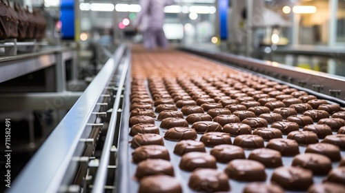 Automated chocolate candy production line on conveyor belt in modern confectionery factory