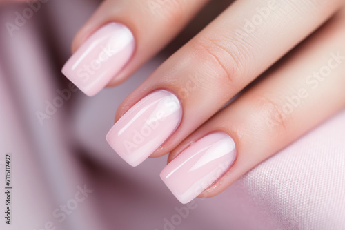Glamour woman hand with light pink nail polish on her fingernails. Pink nail manicure with gel polish at luxury beauty salon. Nail art and design. Female hand model. French manicure.