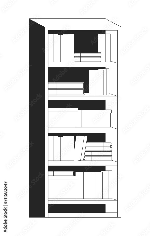 Bookcase living room black and white 2D line cartoon object. Carton boxes books bookshelves isolated vector outline item. Bookstand. Bookstore, library furniture monochromatic flat spot illustration Bookcase living room black and white 2D line cartoon object. Carton boxes books bookshelves isolated vector outline item. Bookstand. Bookstore, library furniture monochromatic flat spot illustration