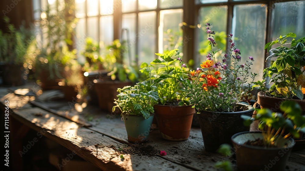 Pots with vegetables or flowers on a wooden table in a greenhouse. Sunlight falls on the plants through the glass. Concept: growing crops in a closed space, farming.