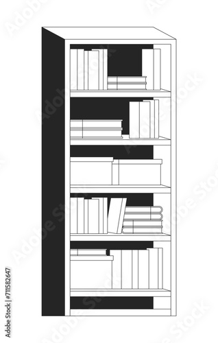 Bookcase living room black and white 2D line cartoon object. Carton boxes books bookshelves isolated vector outline item. Bookstand. Bookstore, library furniture monochromatic flat spot illustration