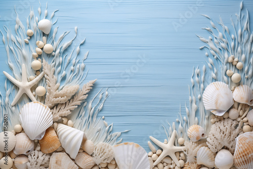 Strand Hintergrund auf blauem Holz mit Muscheln, Sand und Seesternen, Textfreiraum