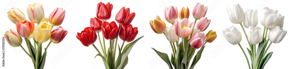 Collection set bunch bouquet red white pink yellow mixed stalk of tulip tulips flower floral with leaves arrangement on transparent background cutout, PNG file. Mockup template artwork graphic design