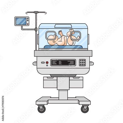 Preterm premature birth baby child at neonatal incubator diagram hand drawn schematic vector illustration. Medical science educational illustration