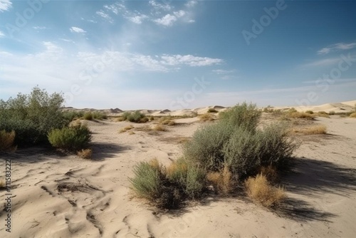 Dry landscape with sand dunes and sparse vegetation. Generative AI