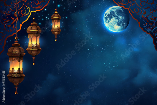 Islamic art background for full moon events  shab e barat  mid lunar-month event background with traditional lantern ornamental 