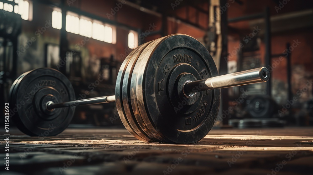 Heavy iron barber sport powerlifter weights on fitness gym studio floor.