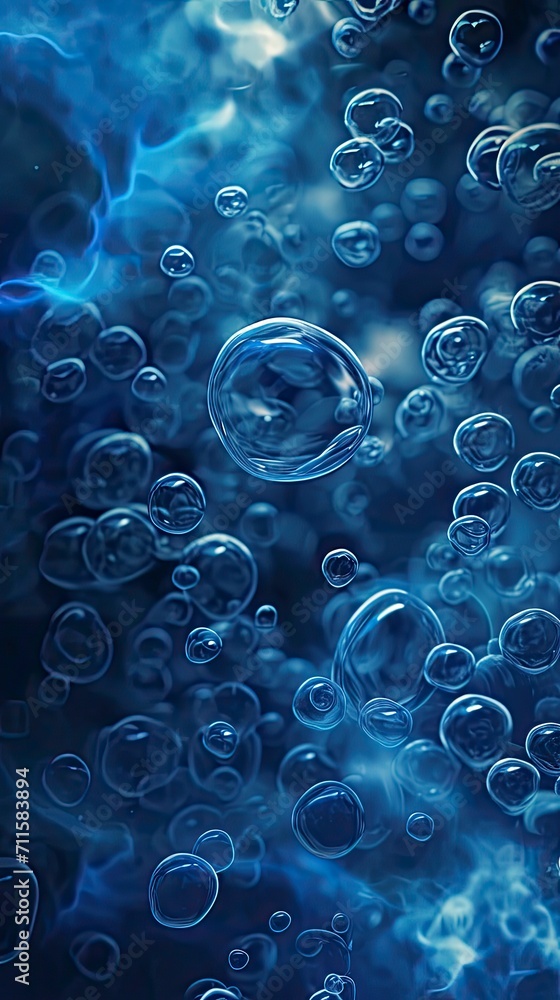 Close-up shot liquid blue molecules close up on black background. Generative AI Close-up shot liquid blue molecules close up on black background. Generative AI
