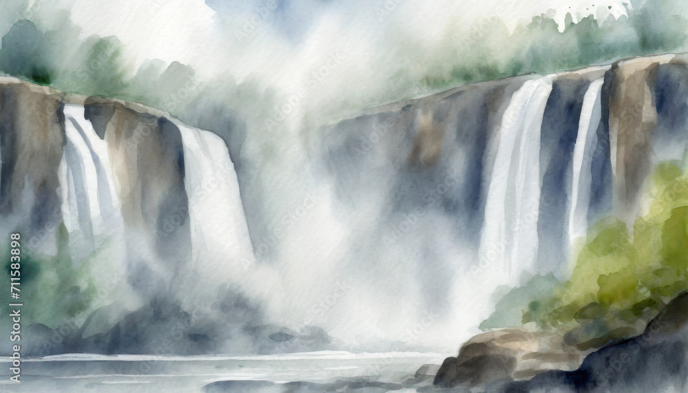 Obraz premium Watercolor Art Painting: Powerful Falls with Misty Veil Dramatically at Midday