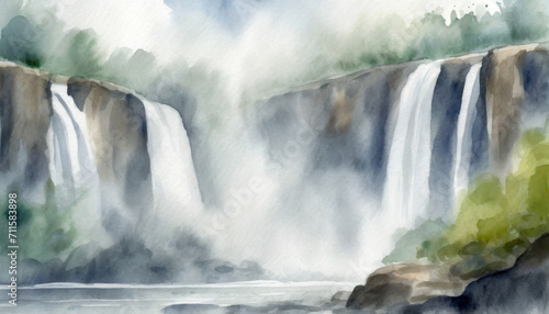 Watercolor Art Painting: Powerful Falls with Misty Veil Dramatically at Midday
