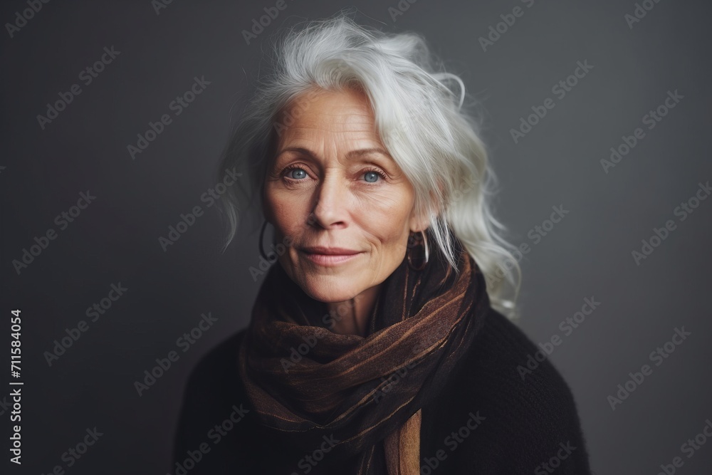 Portrait of a beautiful senior woman in scarf on grey background. Portrait of a beautiful senior woman in scarf on grey background.