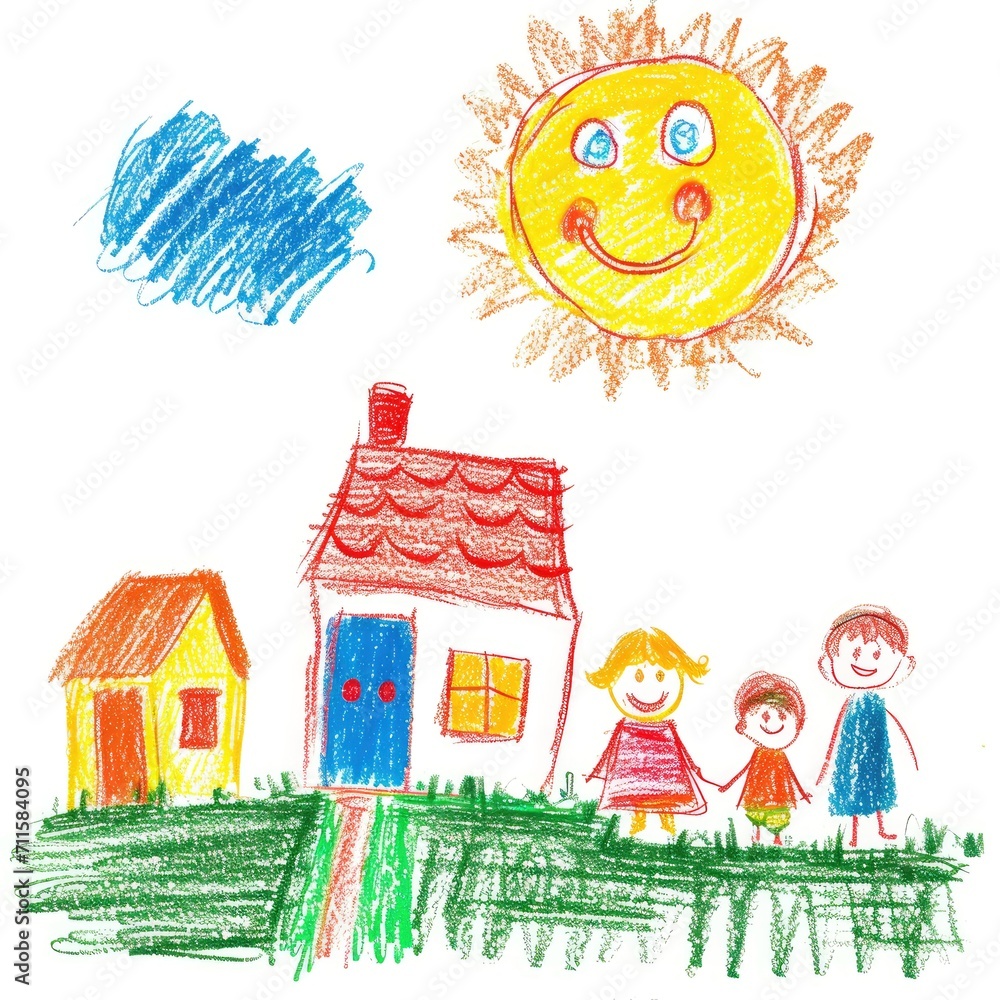 Naklejka premium Naive children's drawing with colored chalk on white paper, made by hand by a child, family and a house, isolated on white background. Generative AI