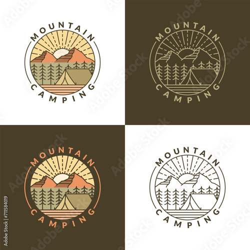 mountain morning camping illustration monoline or line art style