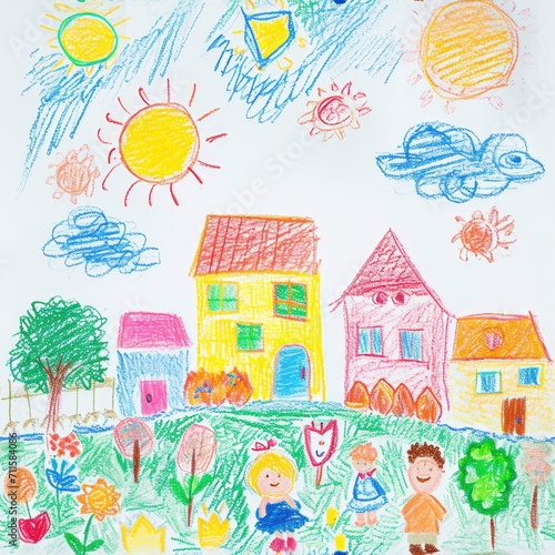 Naive children's drawing with colored chalk on white paper, made by hand by a child, family and a house, isolated on white background. Generative AI