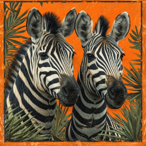 Two Zebra with Leaf and Frame. Generative AI.