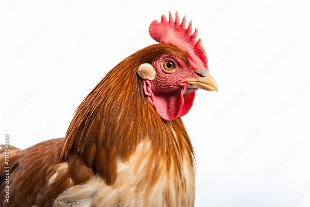 Close up of a vibrant and majestic domestic chicken, beautifully isolated on a pure white background