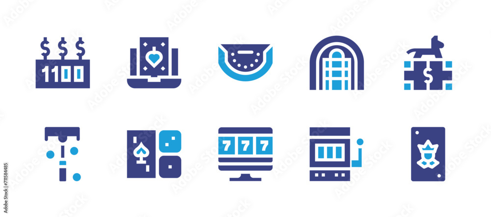 Betting icon set. Duotone color. Vector illustration. Containing baccarat, online casino, prize, horse, roulette, joker, poker table, slot machine, laptop, casino.