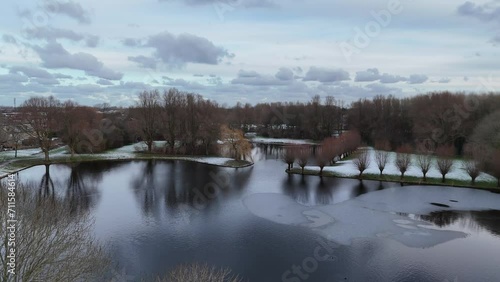 winter landscape with snow in netherlands made by a drone