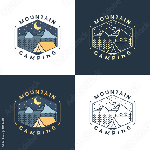 mountain night camping illustration monoline or line art style