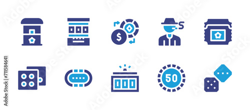 Betting icon set. Duotone color. Vector illustration. Containing exchange, slot machine, poker table, ticket box, lottery, dice, dices, gambler, coin.
