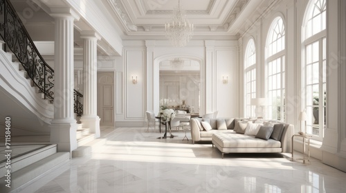 Luxurious interior living room of a classic European style house, with white wall paint, marble floors, classic pillars, stairs and luxurious sofa furniture. Big classic window. © Muamanah