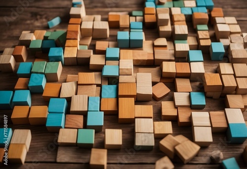 Colored wooden blocks diagonally aligned in light and shadow On an wooden table For something with c