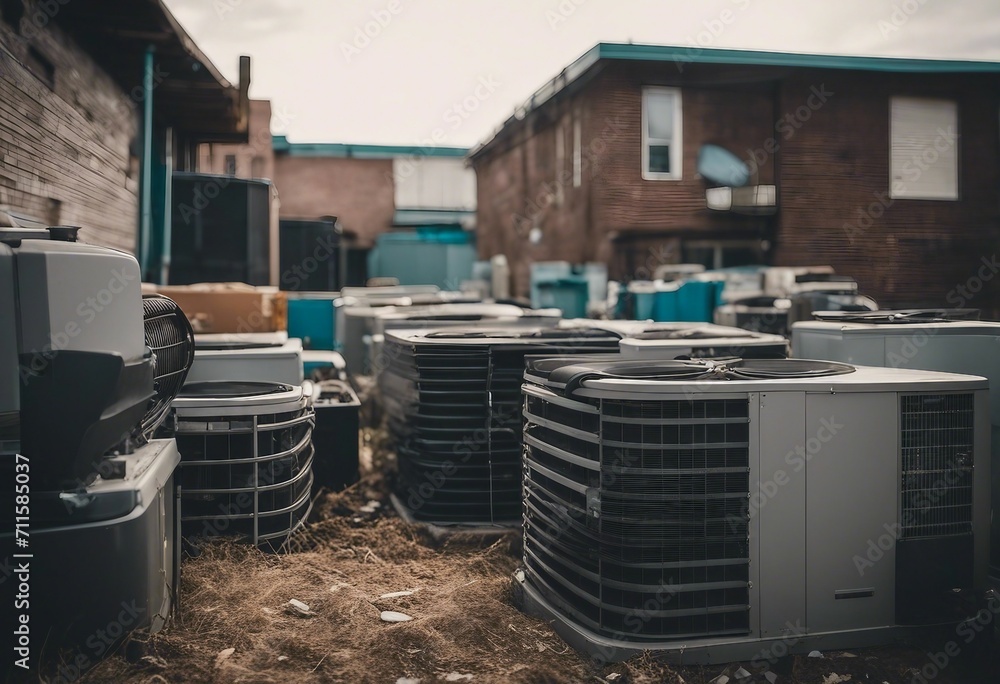 Disposing or collecting and recycling old air conditioners or HVACs piled old AC units Disposing or collecting and recycling old air conditioners or HVACs piled old AC units