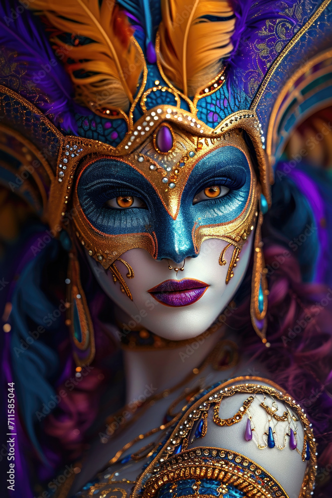 A close up of a woman wearing a carnival mask, Mardi Gras colorful carnival costume