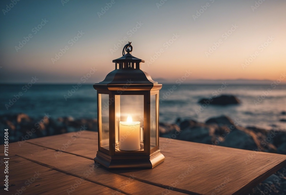 Elegant Lantern Overlooking a Calm Seascape - obrazy, fototapety, plakaty 