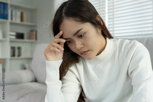 Unhappy asian woman girl disappointed, sad about problem in home alone, feel lonely, Stressed, suffering from bad relationship, break up, divorce, female confused, depression mental health, loneliness