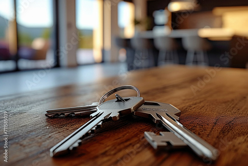 Set of three house keys on the ring on table in a room. Bunch of apartment keys. To forget keys at home consept.