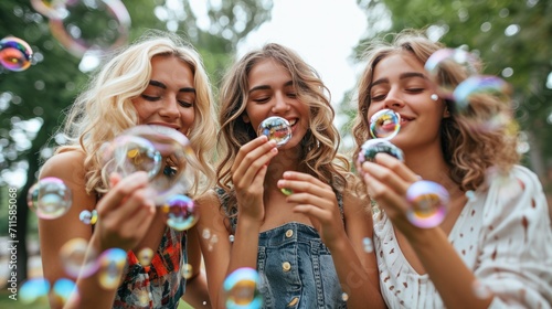 Happy women have fun playing a game of blowing bubbles in a park with friends. Celebrating their friendship.