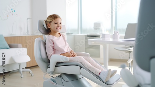 A beautiful child sits in a dental clinic with a joyful smile, adorned with snow-white and healthy teeth. Generative AI