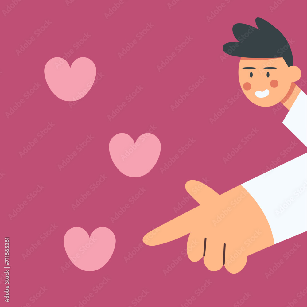 Valentine's Day. Guy with loving feelings. Cute man points to the hearts. Flat vector illustration. Valentine's Day. Guy with loving feelings. Cute man points to the hearts. Flat vector illustration.
