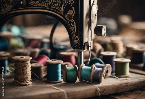 Fringe or lace tapes and silk trimmings old sewing machine bobbins on a old grungy work table Tailor photo