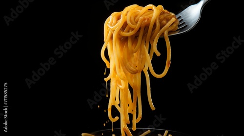 Savory italian spaghetti pasta served with a traditional fork on a rustic wooden table