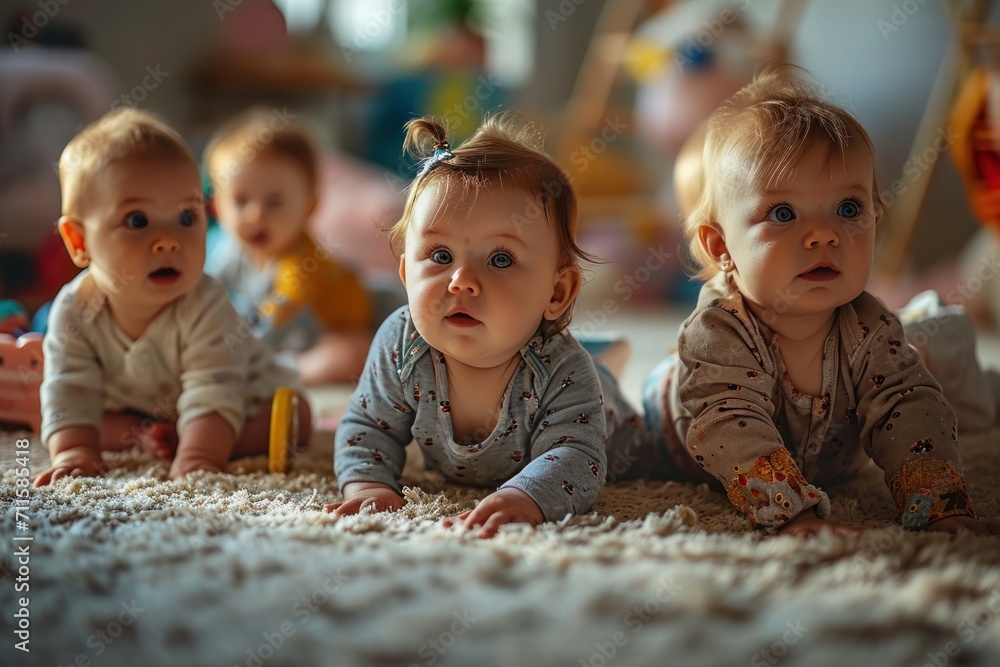 A group of babies is seen playing on the floor of their daycare classroom. They were each dressed casually. and play with various A group of babies is seen playing on the floor of their daycare classroom. They were each dressed casually. and play with various