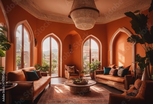 Indian Style Living Room with Orange Walls and Arched Windows