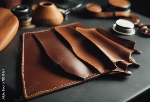 Leather craft or leather working Selected pieces of beautifully colored or tanned leather on leather photo